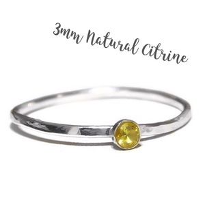 925 Sterling Silver 3mm Citrine Gemstone Ring